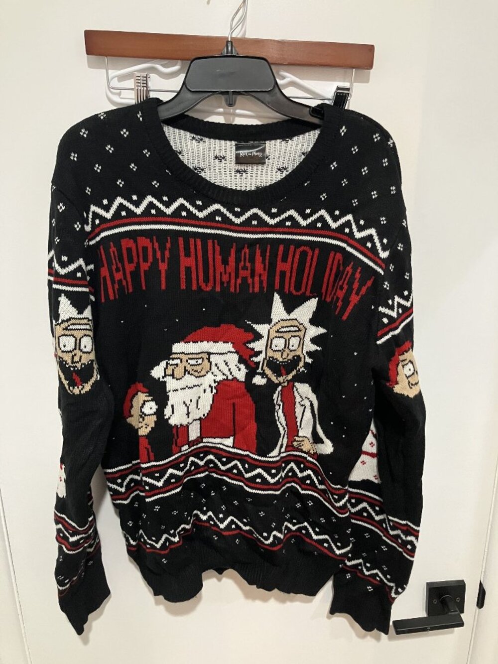 Rick and Morty "Happy Human Holiday" Knit Sweater, Black Multi, Size Large